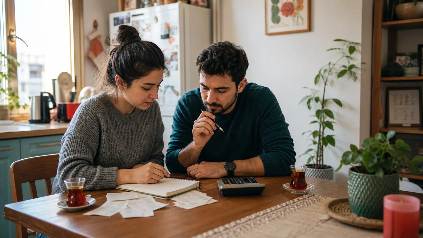 Mutfak masasında birlikte aylık bütçe hazırlayan çift