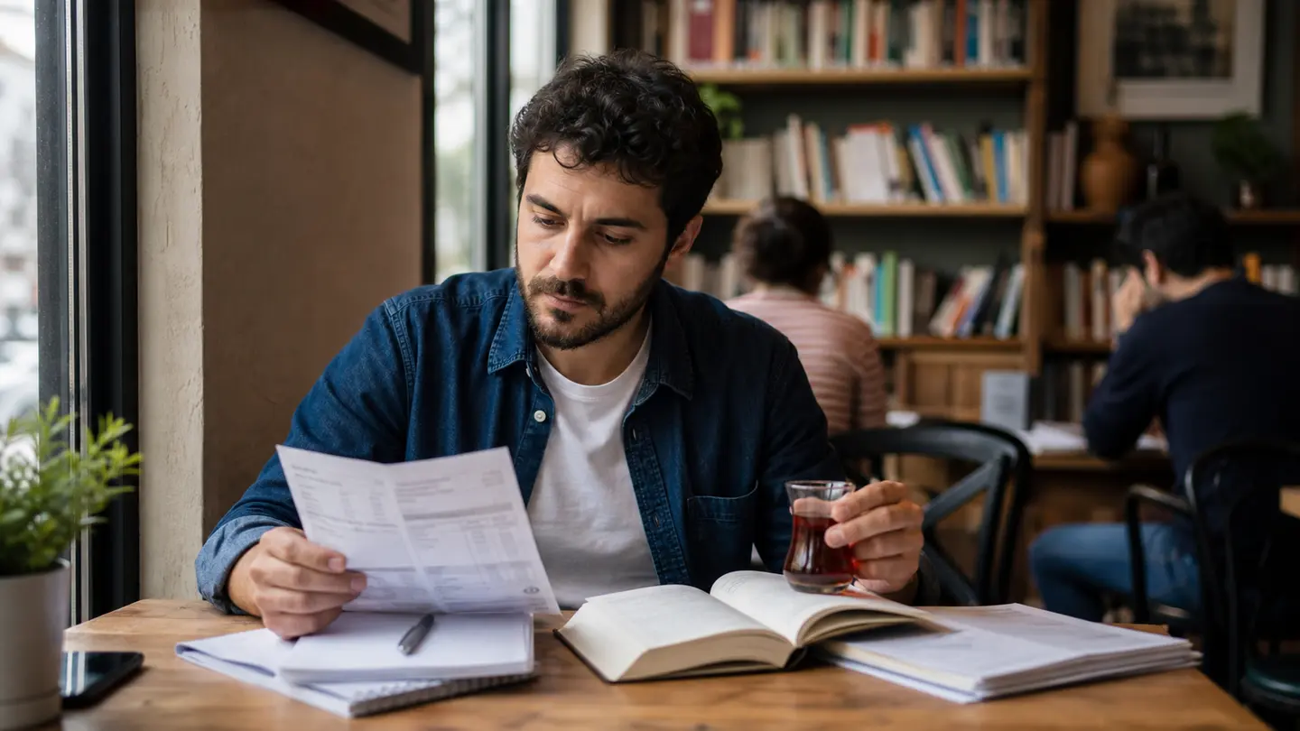 Kütüphane kafede hesap belgesi ve notlarını inceleyen genç adam