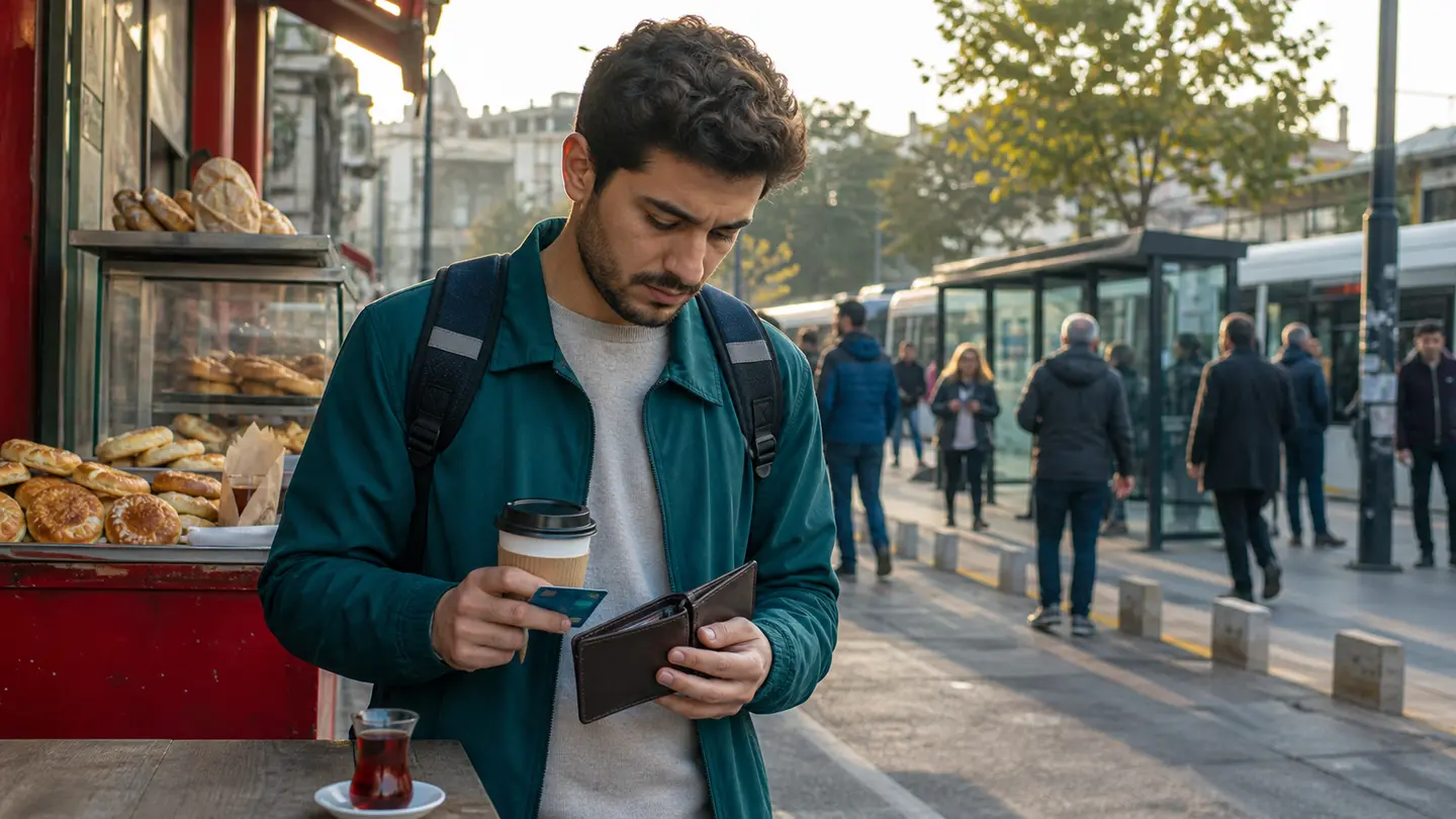 Günlük harcamalarını düşünürken cüzdanını kontrol eden genç adam